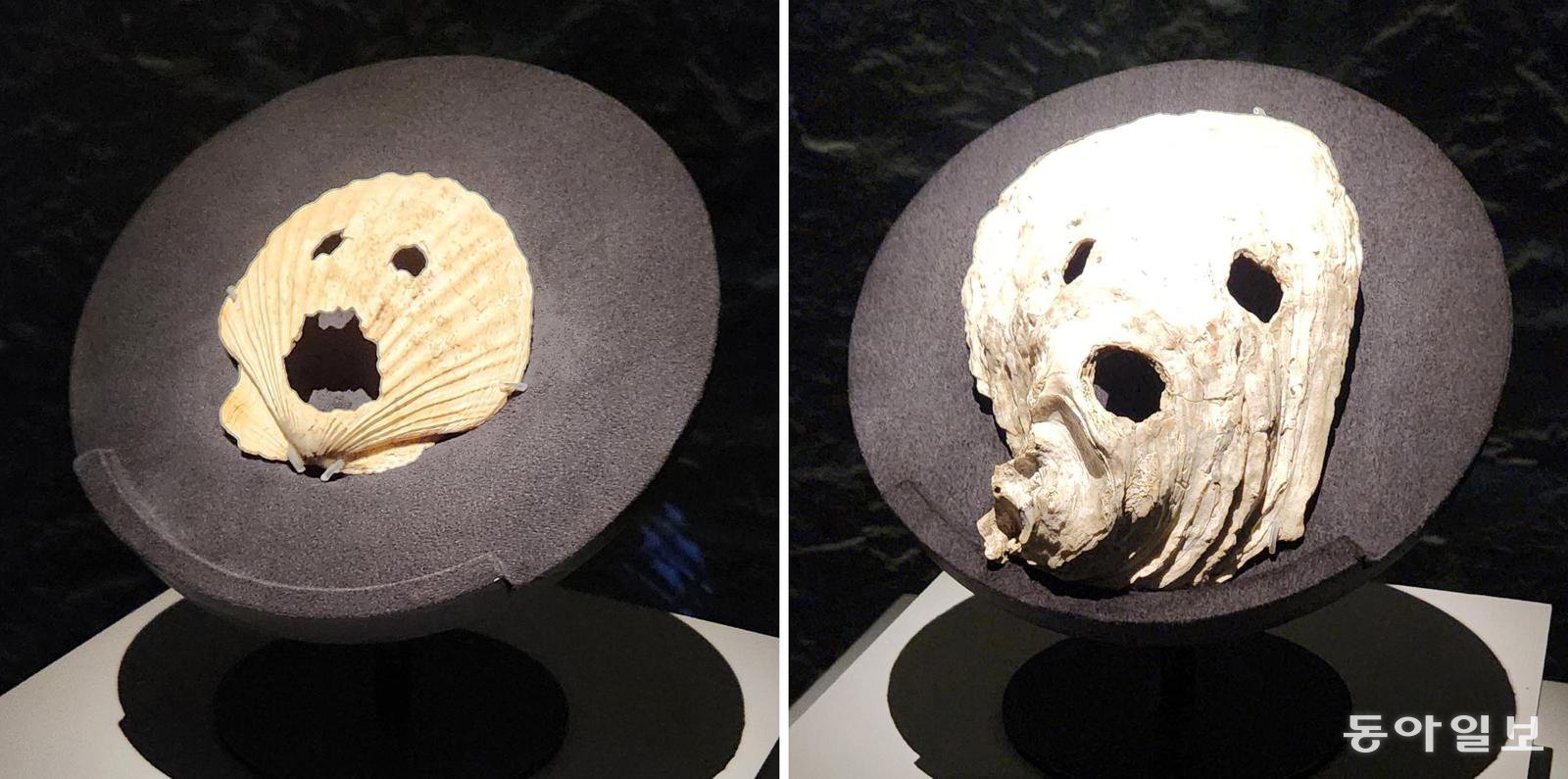 부산 동삼동 패총에서 출토된 가리비 가면 모습(왼쪽 사진)과 일본 구마모토현 아타카 패총 출토 굴 가면의 모습.김화영 기자 run@donga.com