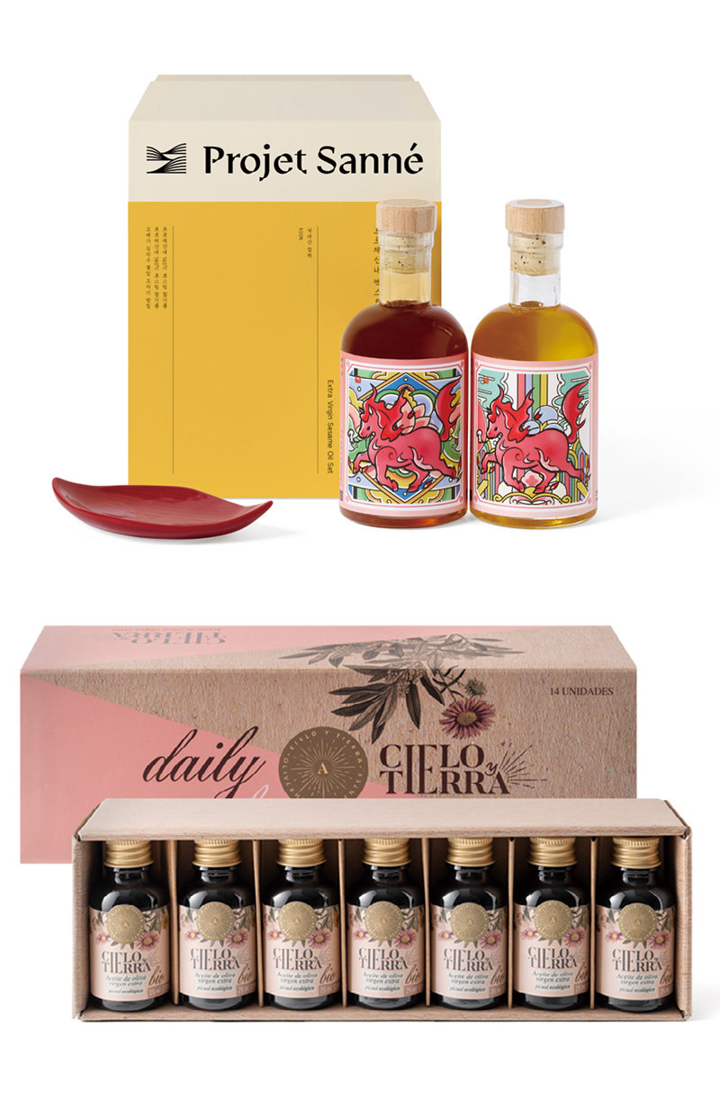 신세계가 이날 선보인 하우스오브신세계 청담 단독 설 선물세트 ‘프로제산내 엑스트라버진 참기름 2종 세트’와 ‘씨엘로 이 띠에라 유기농 미니 올리브오일 세트’. 소비 추세가 양극화되며 ‘초프리미엄’ 설 선물세트도 늘고 있다. 신세계백화점 제공