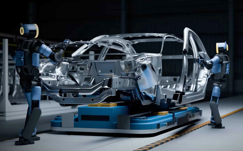 보스턴다이내믹스가 만든 휴머노이드 ‘아틀라스’가 자동차 생산 공장에서 인간 대신 차체를 조립하는 모습을 상상한 모습. 현대차그룹은 아틀라스를 2028년 실제 생산에 투입할 계획이다. 현대차그룹 제공