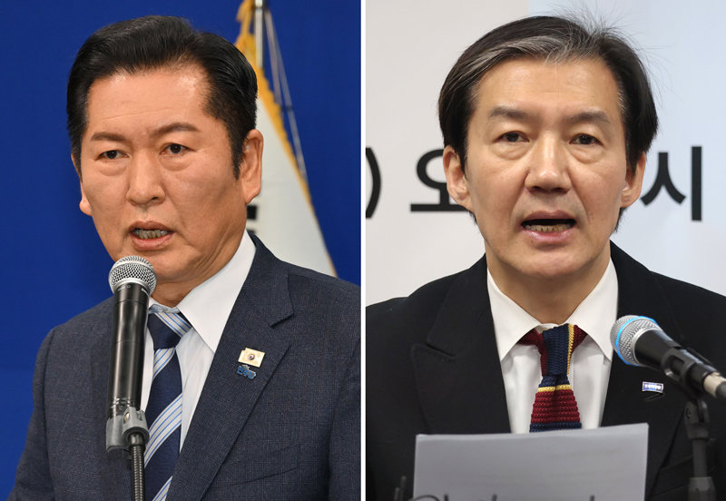 더불어민주당 정청래 대표가 22일 국회 당 대표실에서 조국혁신당에 합당을 제안하는 긴급 기자회견을 하고 있다. 정 대표는 “조국혁신당에 제안한다. 우리와 합치자”라고 말했다(왼쪽 사진). 그러자 조국혁신당 조국 대표는 전북 전주시 전북도당에서 열린 현장 최고위원회의에서 “이재명 정부의 성공과 정권 재창출이라는 목표에 전적으로 동의한다”고 화답했다. 장승윤 기자 tomato99@donga.com·전주=뉴스1