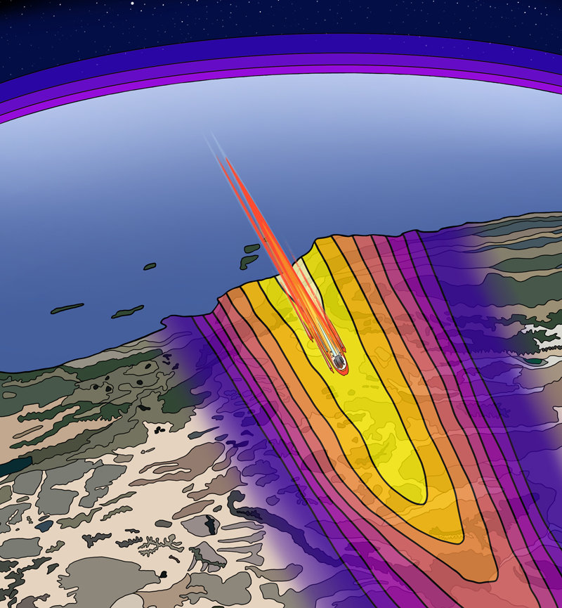 지구 대기권에 진입하는 궤도 잔해가 미국 캘리포니아 상공에서 분해되며 음속 돌파음인 소닉붐이 발생하는 모습을 그린 그림. 소닉붐이 지면까지 전달되면서 지진계에 기록된다. 미국 존스홉킨스대 제공