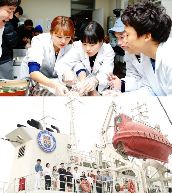 (상단)해양생물자원학과 실습 현장, (하단)국립군산대 1424t급 대형 선박인 해림호. 사진제공=국립군산대