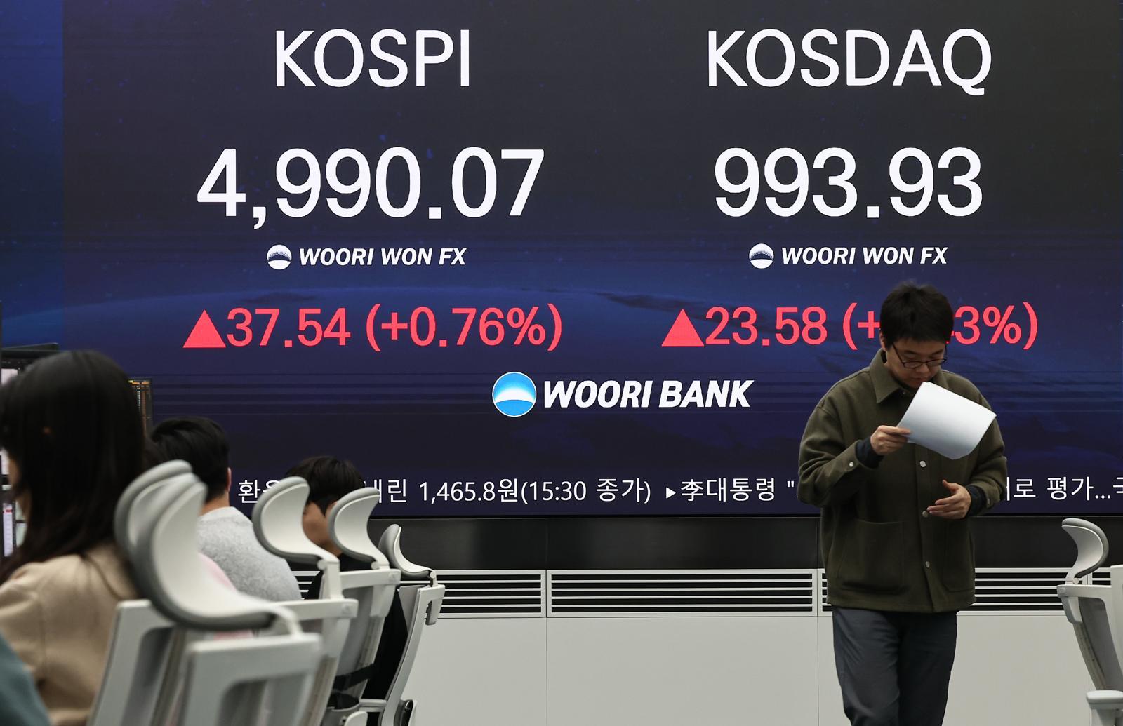 23일 서울 중구 우리은행 본점 딜링룸 전광판에 종가가 표시되고 있다.  이날 코스피는 전 거래일 대비 37.54.포인트(0.76%) 오른 4990.07, 코스닥은 전 거래일 대비 23.58포인트(2.43%)상승한 993.93로 장을 마쳤다. 2026.1.23/뉴스1