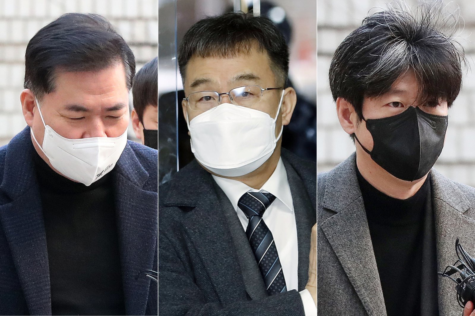 유동규 전 성남도시개발공사 기획본부장(왼쪽부터)과 화천대유자산관리 대주주 김만배 씨, 남욱 변호사가 27일 오전 서울 서초구 서울중앙지법에서 열린 대장동 개발 사업 로비·특혜 의혹 관련 1심 속행 공판에 출석하고 있다. 2023.1.27/뉴스1