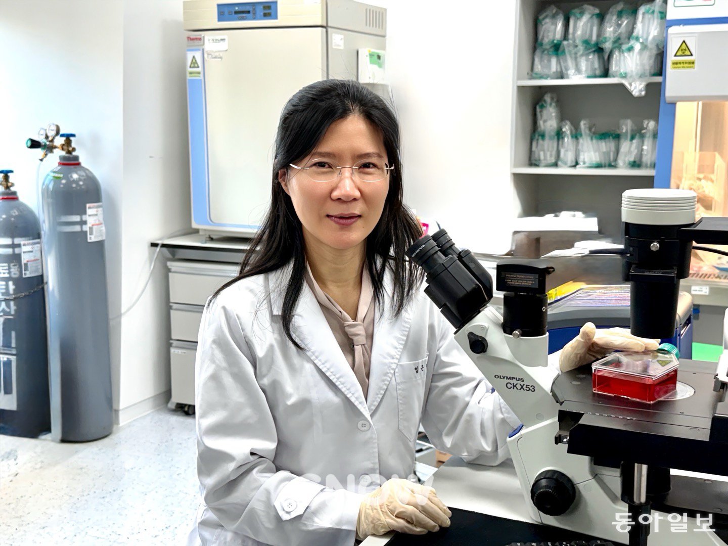 백은정 아트블러드 대표이사(한양대병원 진단검사의학과 교수)가 13일 서울 서초구 연구소에서 한창 성장 중인 적혈구가 담긴 용기를 가리키며 세포주 기반 인공 적혈구 생산 기술을 설명하고 있다. 허진석 기자 jameshur@donga.com