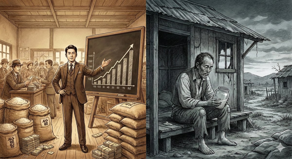 일제강점기에 쌀 선물 거래로 큰돈을 번 반복창은 하락장에서 손실을 방어하지 못해 몰락했다. 제미나이 생성 이미지