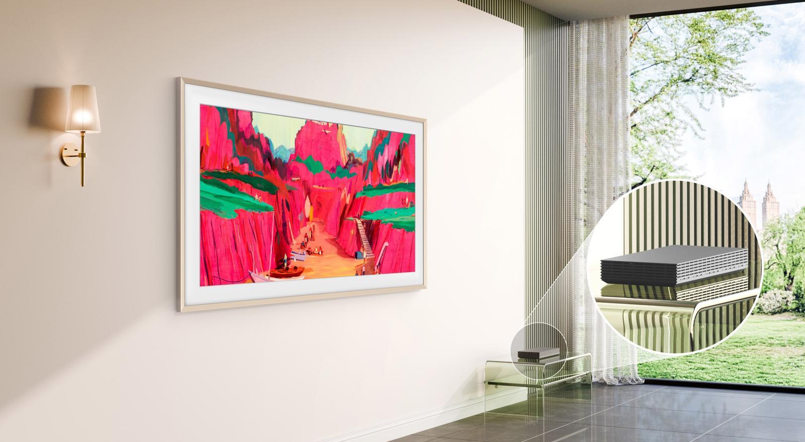 미국 CNN의 제품 평가 매체인 ‘CNN 언더스코어드’에서 혁신상을 수상한 삼성전자 ‘더 프레임 프로’ TV. 무선 원 커넥트 박스를 통해 디스플레이에 연결되는 케이블 등을 없앴다. 삼성전자 제공