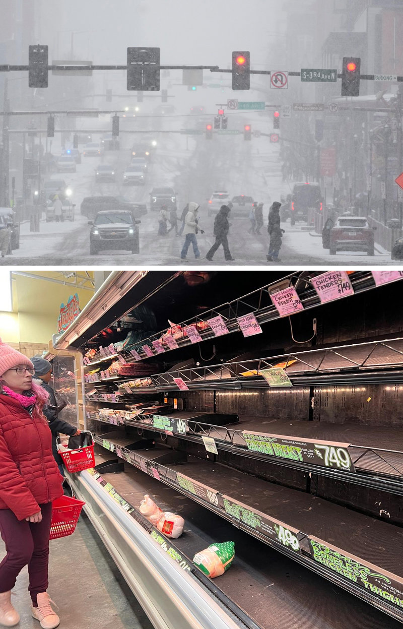 최악 한파 몰아치자 생필품 가게마다 ‘텅텅’ 미국 전역이 한파와 폭설을 동반한 ‘겨울 폭풍’에 휩싸인 가운데 24일 남동부 테네시주 내슈빌에서 시민들이 눈으로 뒤덮인 도심을 건너고 있다(위쪽 사진). 같은 날 뉴욕 시내의 한 상점에서는 시민들이 생필품 사재기에 나서 매대가 텅텅 비었다. 한 시민이 텅 빈 매대를 바라보고 있다. 내슈빌=AP 뉴시스·뉴욕=임우선 특파원 imsun@donga.com