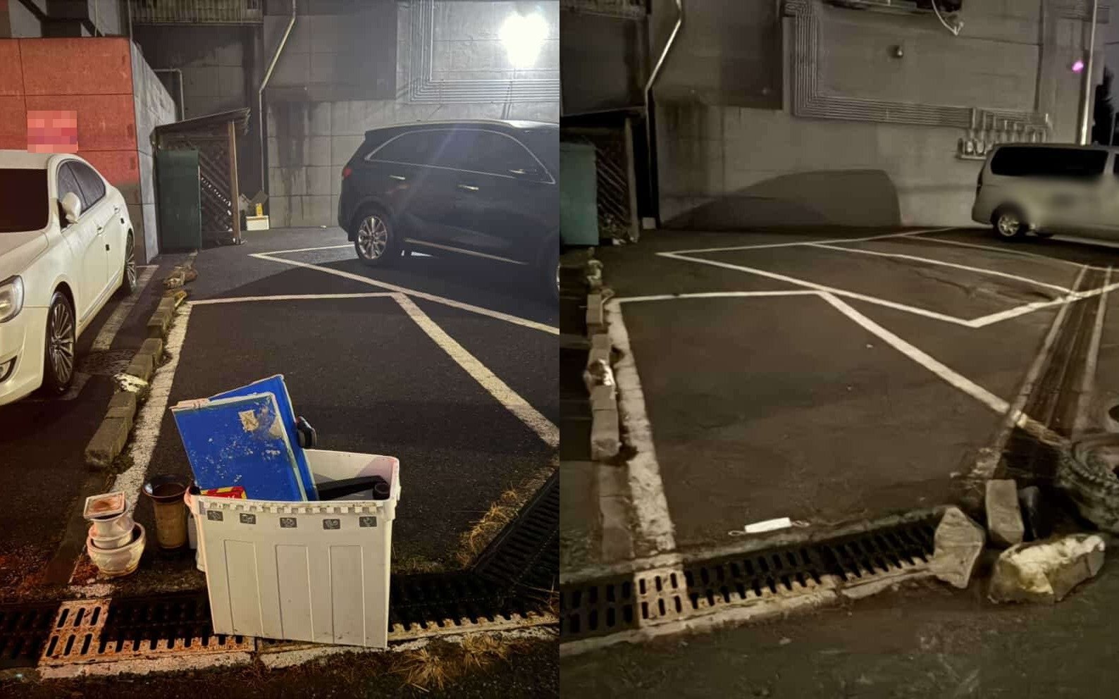 A 씨가 공개한 사진. 주차장 진입 통로를 물건과 돌로 막아뒀다. 안쪽 깊숙히 재활용 폐기물 수거장이 보인다. 보배드림 갈무리