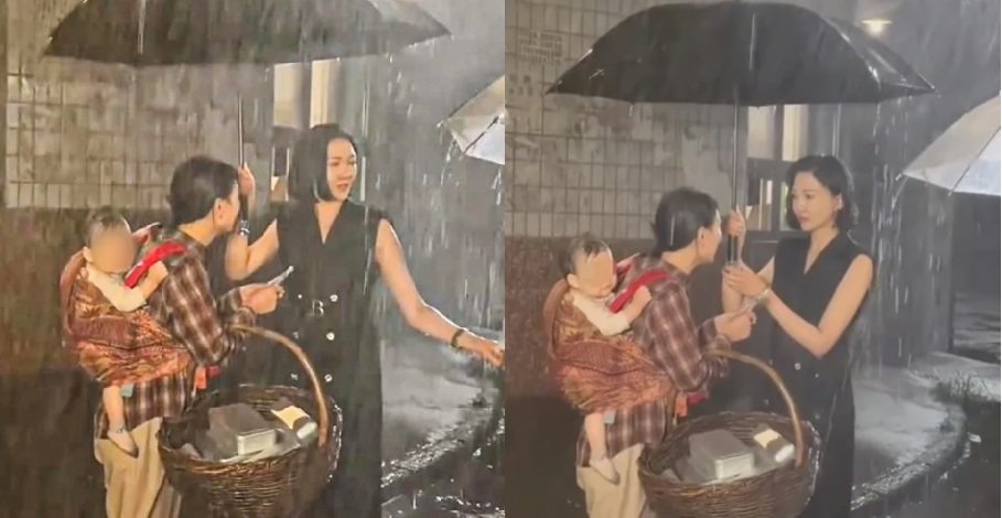 문제의 촬영 장면. 검은색 의상을 입은 배우 싱윈은 감독이 우산으로 아기를 가리는 것을 막고 장시간 폭우에 노출되게 했다고 밝혔다. 웨이보 갈무리