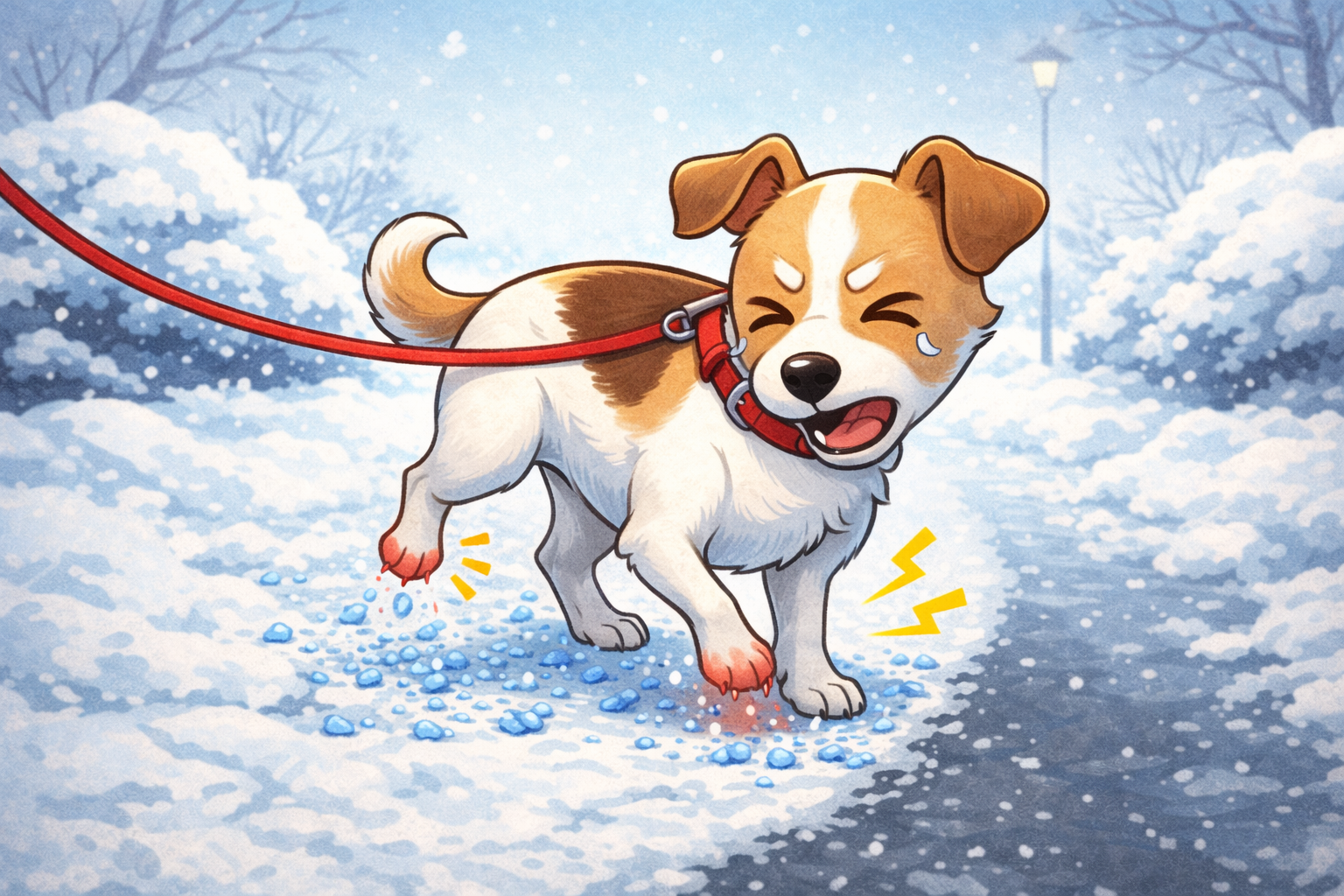 제설제 속 염화칼슘 성분으로 반려견이 발바닥에 화상을 입을 수 있다는 속설은 사실이 아니다. 다만, 고농도 염분에 의한 화학적 자극과 섭취에 따른 2차 피해는 주의해야 한다. 산책 전후 발바닥 세척과 안구 보호가 필수적이다. 챗GPT로 생성한 사진.