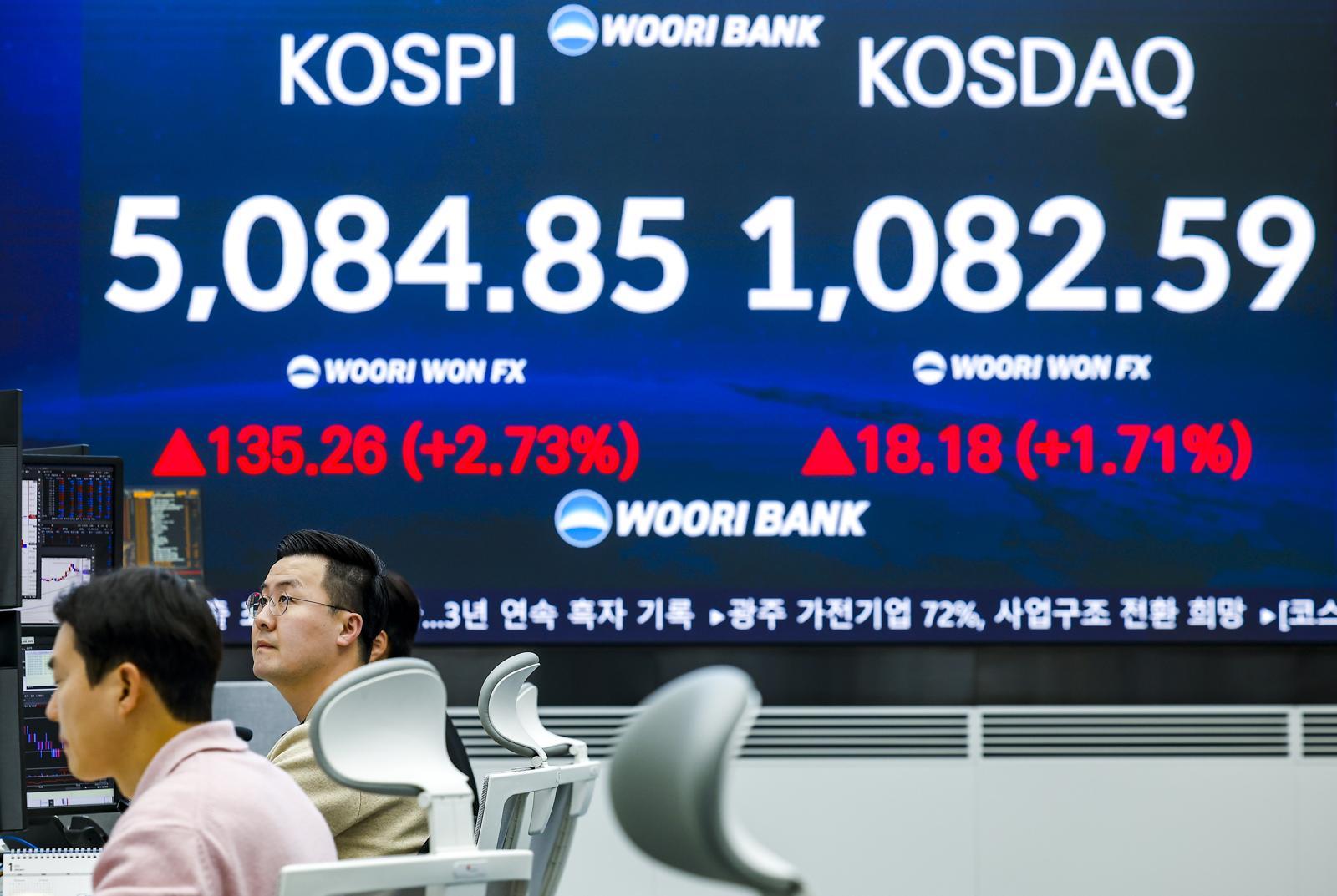 코스피가 종가 기준 사상 처음 5000선을 돌파한 27일 서울 중구 우리은행 본점 딜링룸 전광판에 종가 지수가 표시되어 있다.  이날 코스피는 전 거래일(4949.59)보다 135.26포인트(2.73%) 오른 5084.85에, 코스닥 지수는 전 거래일(1064.41)보다 18.18포인트(1.71%) 오른 1082.59에 거래를 마쳤다.  서울 외환시장에서 원·달러 환율은 전 거래일(1440.6원)보다 5.6원 오른 1446.2원에 주간 거래를 마감했다. 2026.01.27. [서울=뉴시스]