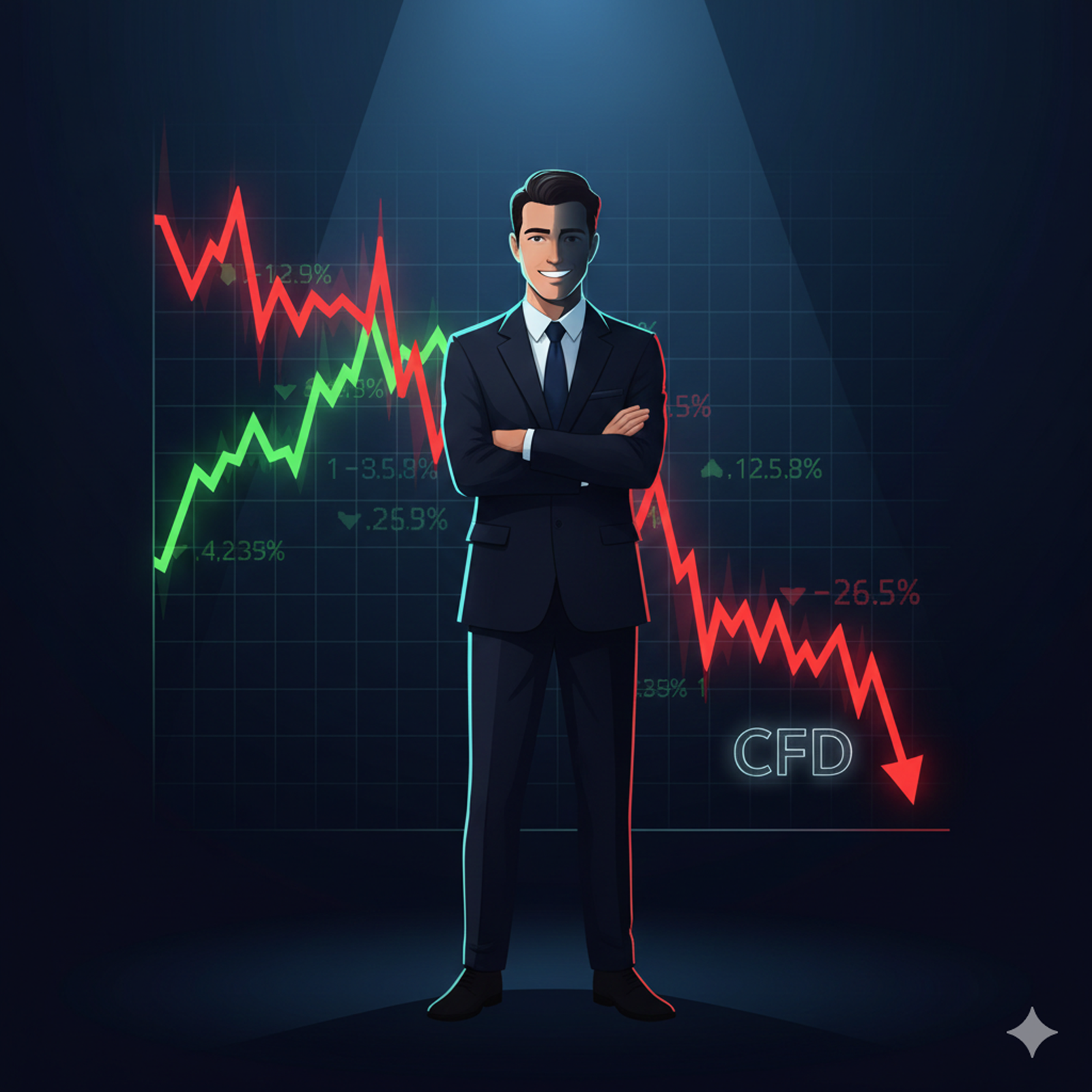 차액결제거래(CFD)를 상징하는 그래프 앞에 선 투자자 이미지. 추천과 실제 매매의 괴리를 시각적으로 표현했다. 제미나이 AI 생성 이미지