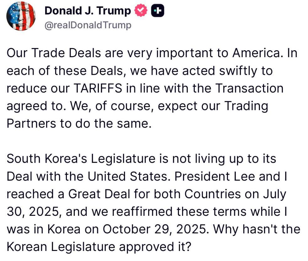 트럼프 대통령이 SNS에 올린 ‘한국 관세 협상’. 
트루스소셜 캡처