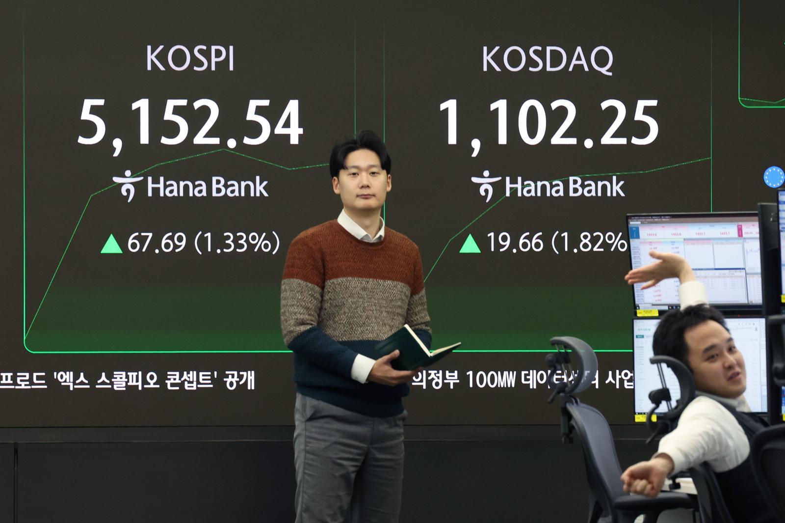 코스피가 상승 출발해 장중 5100선을 돌파한 28일 서울 중구 하나은행 딜링룸에서 딜러들이 업무를 보고 있다. 코스피는 전 거래일(5084.85)보다 60.54포인트(1.19%) 오른 5145.39에, 코스닥 지수는 전 거래일(1082.59)보다 10.88포인트(1.00%) 오른 1093.47에 거래를 시작했다. 2026.01.28.  뉴시스