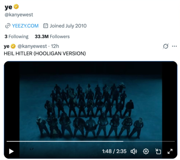 2025년 5월경, 칸예 웨스트가 ‘히틀러 만세(Heil Hitler)’라는 곡을 내고 자신의 SNS에 홍보하고 있다. 엑스 @kanyewest 갈무리