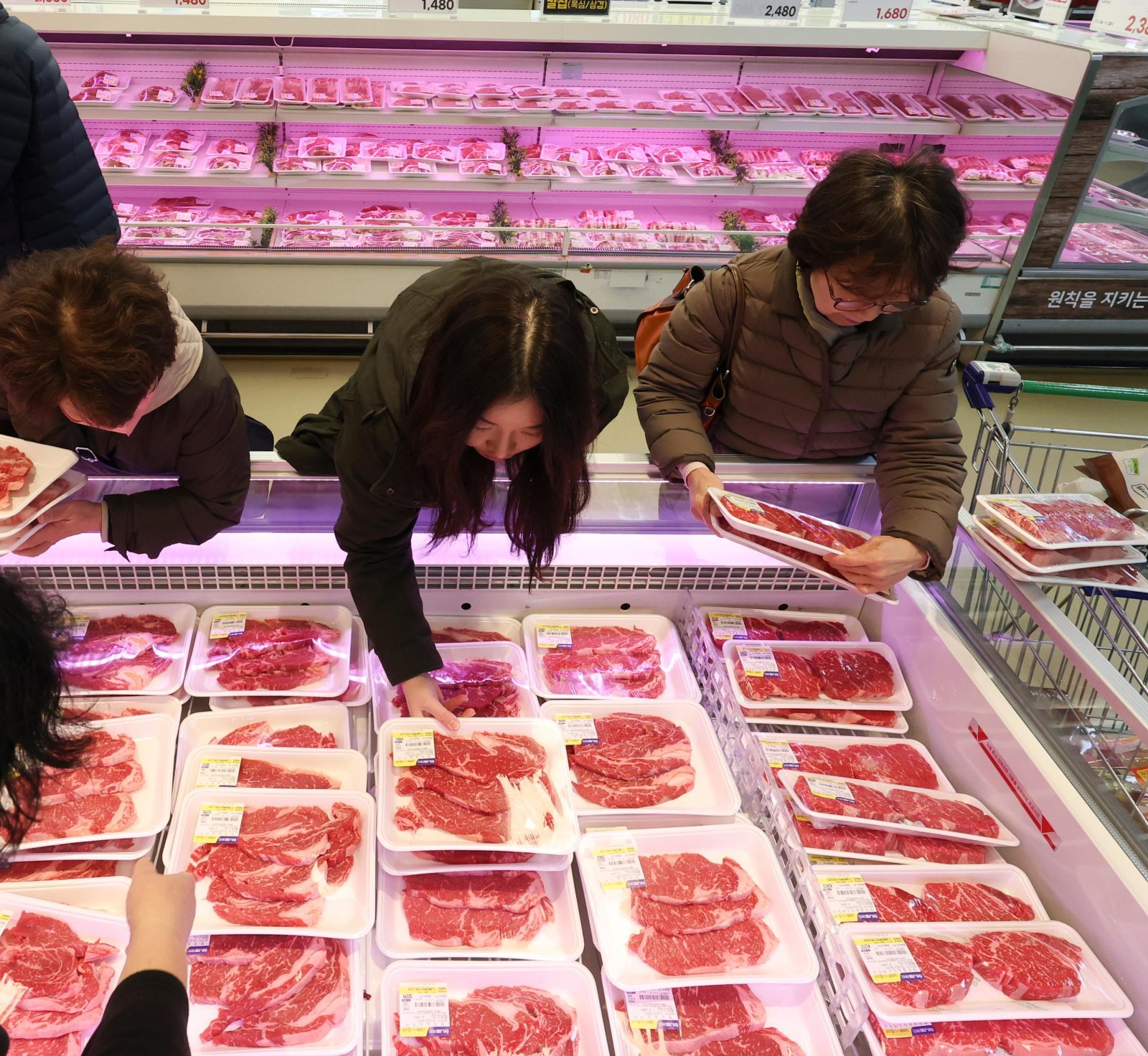 28일 서울 시내의 한 대형마트에서 시민들이 고기를 고르고 있다. 정부가 설 명절을 앞두고 물가 안정을 위해 배추 사과 돼지고기 등 16대 성수품을 27만 t 공급하고, 할인 지원 등에 910억 원을 투입한다. 뉴시스