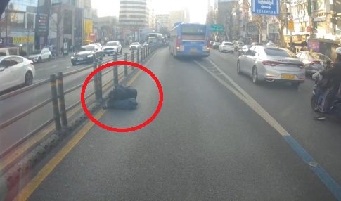 한 남성이 버스전용도로에서 잠을 자고 있는 모습. 보배드림