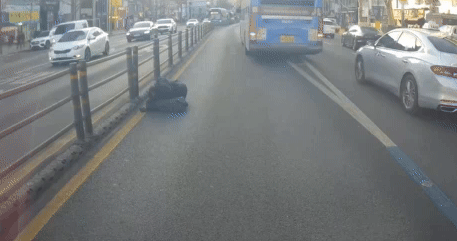 한 남성이 버스전용도로에서 잠을 자고 있는 모습. 보배드림