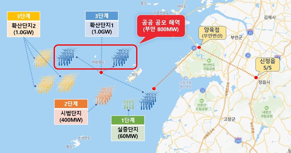 전북 서남권 해상풍력 조성 사업의 중추 사업인 부안 인근 해역 800MW(메가와트)급 공공사업 개요도. 전북도는 이 사업을 진행할 시행자를 모집한다. 전북도 제공