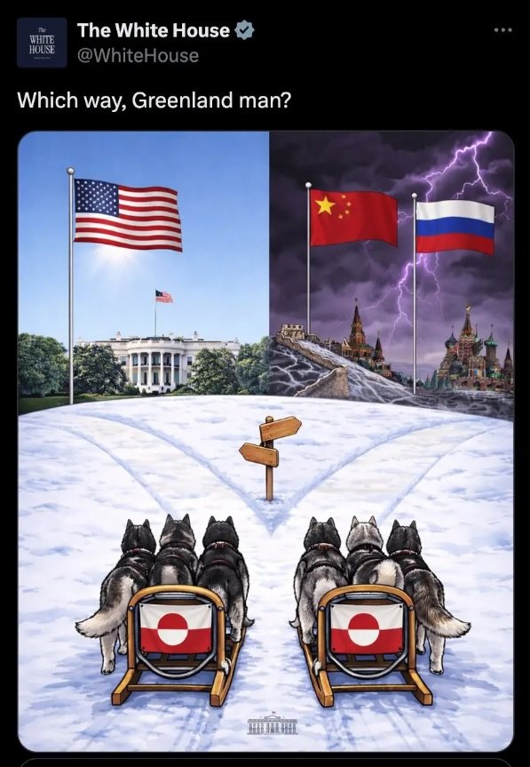최근 미 백악관은 X에 도널드 트럼프 대통령의 그린란드 병합 정책 홍보 게시물을 띄우며 ‘어느 쪽인가, 그린란드인이여’라는 문구를 사용했다. NYT는 이 문구가 백인 우월주의자들 입문 서적으로 통하는 ‘어느 쪽인가, 서구인이여’를 인용한 것으로 보인다고 지적했다. 사진 출처 백악관 X
