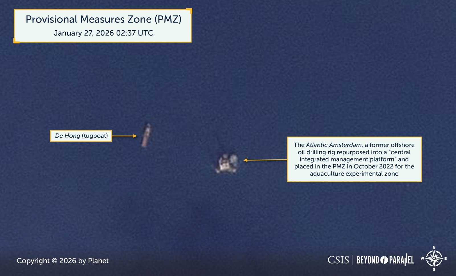 중국이 서해 한중 잠정조치수역(PMZ)에 설치한 해상 관리 플랫폼 ‘애틀랜틱 암스테르담’의 위성사진. 해당 구역에서 이동되기 몇 시간 전인 27일 오전 11시 37분께(한국시간) 촬영됐다. CSIS 홈페이지