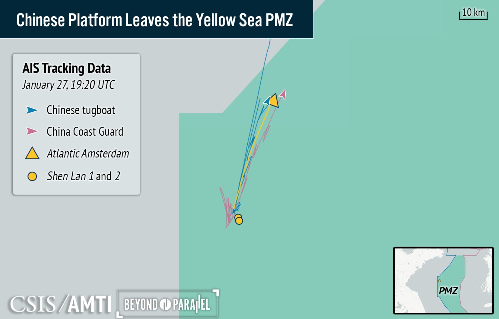 중국이 서해 한중 잠정조치수역(PMZ)에 설치한 해상 관리 플랫폼 ‘애틀랜틱 암스테르담’의 이동 경로. 한국시간 28일  오전 4시20분 기준 해당 구조물 PMZ 경계선으로부터 약 8해리(15km)까지 근접했으며, 이후 선박자동식별시스템(AIS) 신호가 끊겼다고 미 싱크탱크 전략국제문제연구소(CSIS)는 밝혔다. CSIS 홈페이지