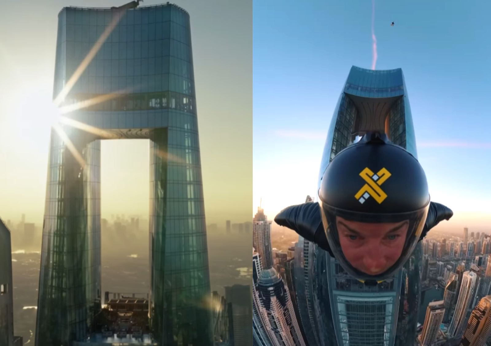 엑스두바이 윙수트 선수들이 세계 최고층 호텔인 씨엘 두바이 마리나의 좁은 구조물을 시속 200km 속도로 통과하는 데 성공했다. 사진=씨엘 두바이 마리나 호텔