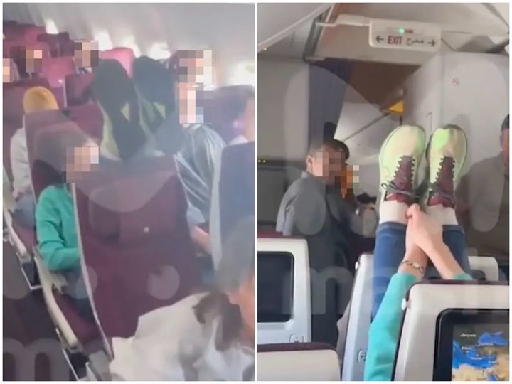 기내에서 앞좌석 승객이 좌석 등받이를 뒤로 젖힌 데 불만을 품은 한 승객이 좌석 등받이에 두 발을 올리며 항의하는 일이 벌어져 논란이 되고 있다. (사진=뉴욕포스트 캡처)/뉴시스