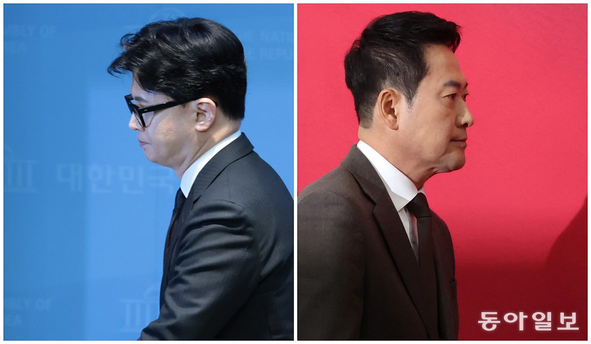 국민의힘이 29일 서울 여의도 국회에서 최고위원회의를 열고 ‘당원게시판 사건’과 관련해 한동훈 전 대표에 대한 제명 처분을 확정했다. 한 전 대표(왼쪽 사진)는 이날 오후 기자회견에서 “반드시 돌아오겠다”고 말했다. 장동혁 대표가 최고위원회의 후 회의장을 나서고 있다. 박형기 기자 oneshot@donga.com, 장승윤 기자