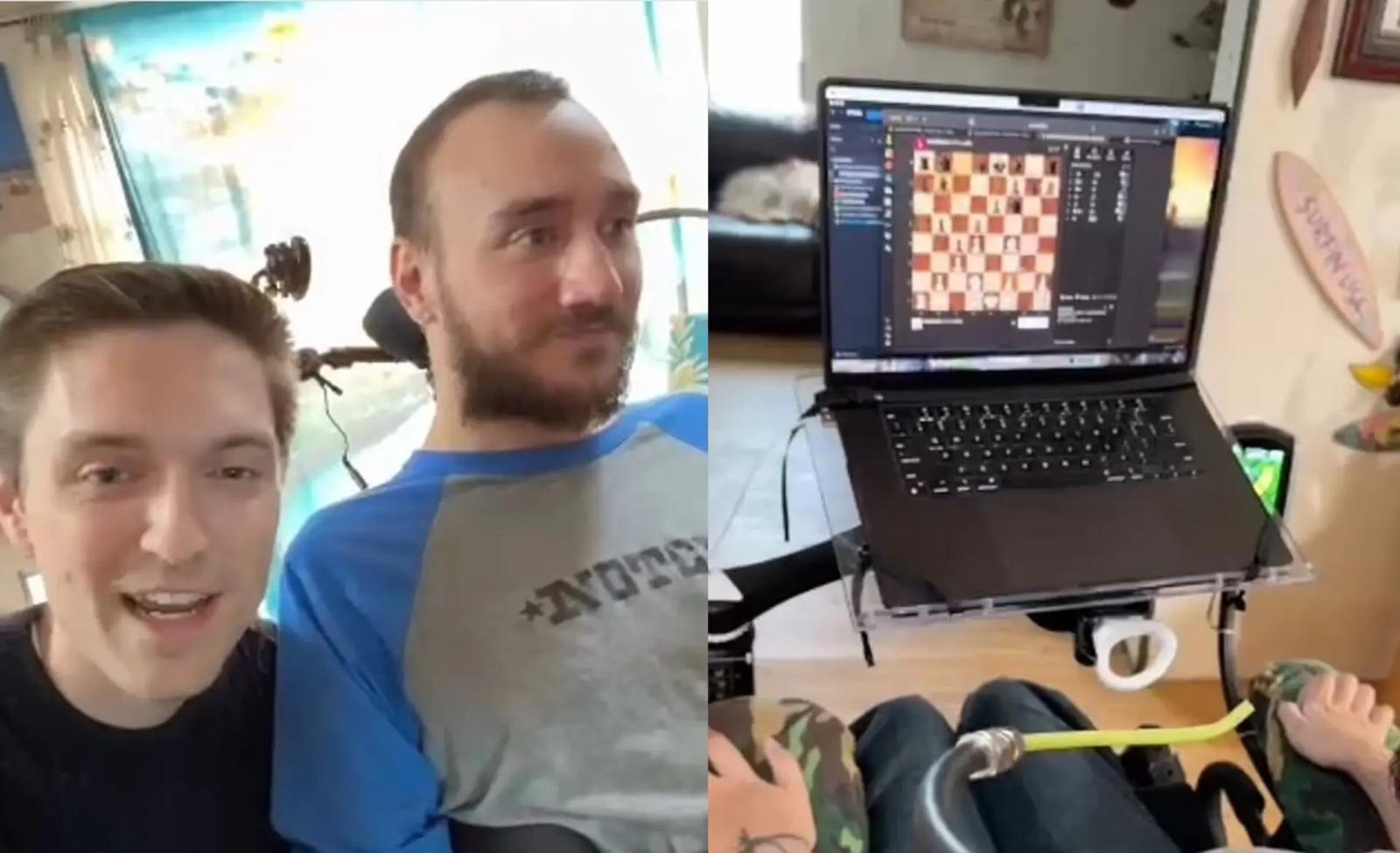 2024년 3월 뉴럴링크의 ‘뇌-컴퓨터 인터페이스(BCI)’ 칩을 세계 최초로 이식받은 놀런드 아르보(왼쪽 사진 오른쪽)가 생각만으로 마우스 커서를 움직이며 온라인 체스 게임을 하고 있다. 사진 출처 뉴럴링크 X