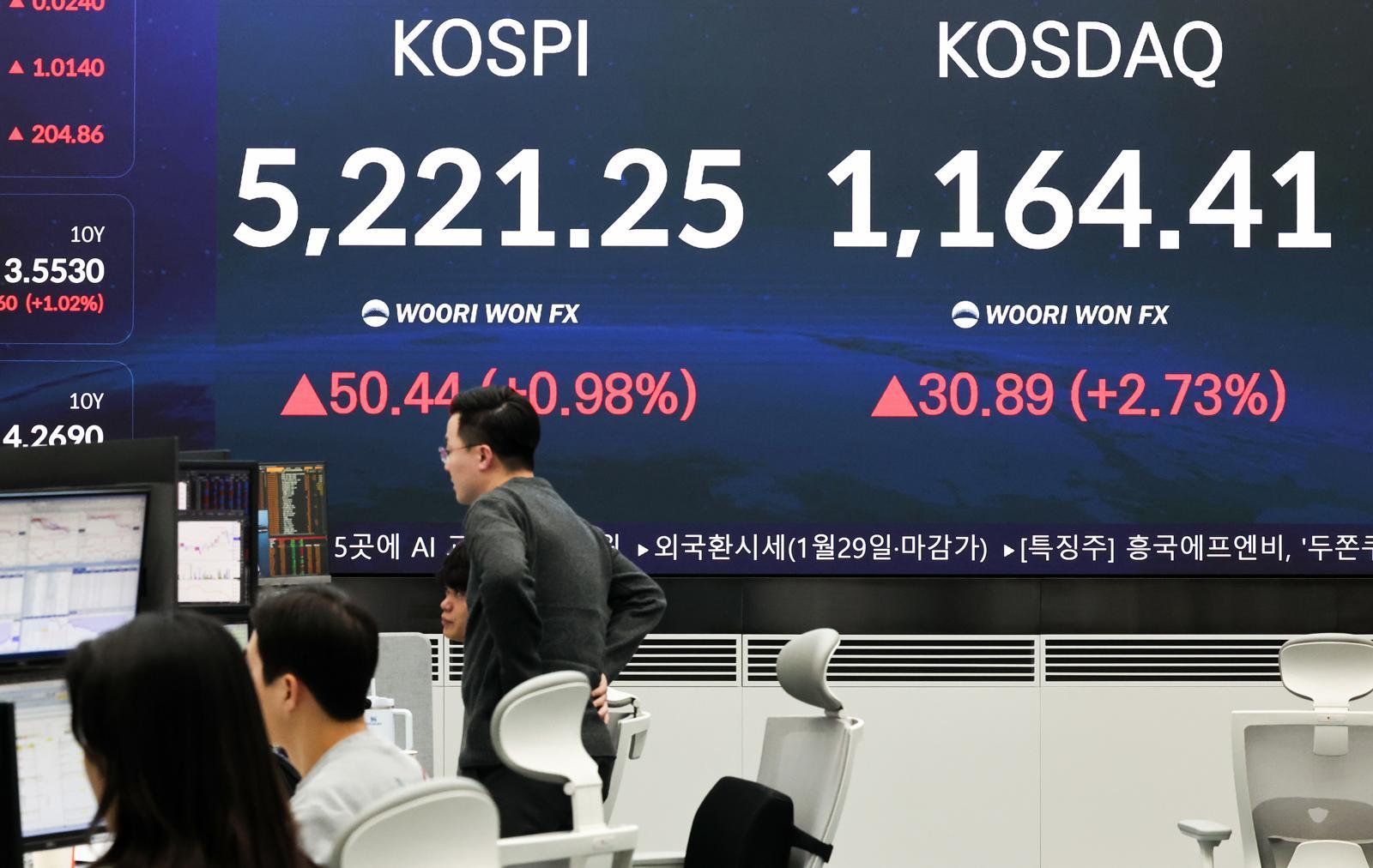 서울 중구 우리은행 본점 딜링룸 전광판에 증시 현황이 표시되어 있다. /뉴스1