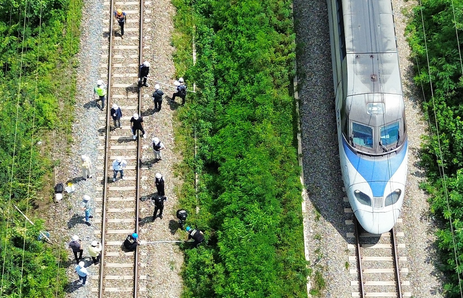 지난해 8월20일 경북경찰청과 국립과학수사연구원, 항공철도사고조사위원회, 노동 당국 등 합동감식에 참여한 기관 관계자들이 경북 청도군 화양읍 삼신리 경부선 무궁화호 열차사고 현장에서 합동감식을 벌이고 있다. 2025.8.20/뉴스1