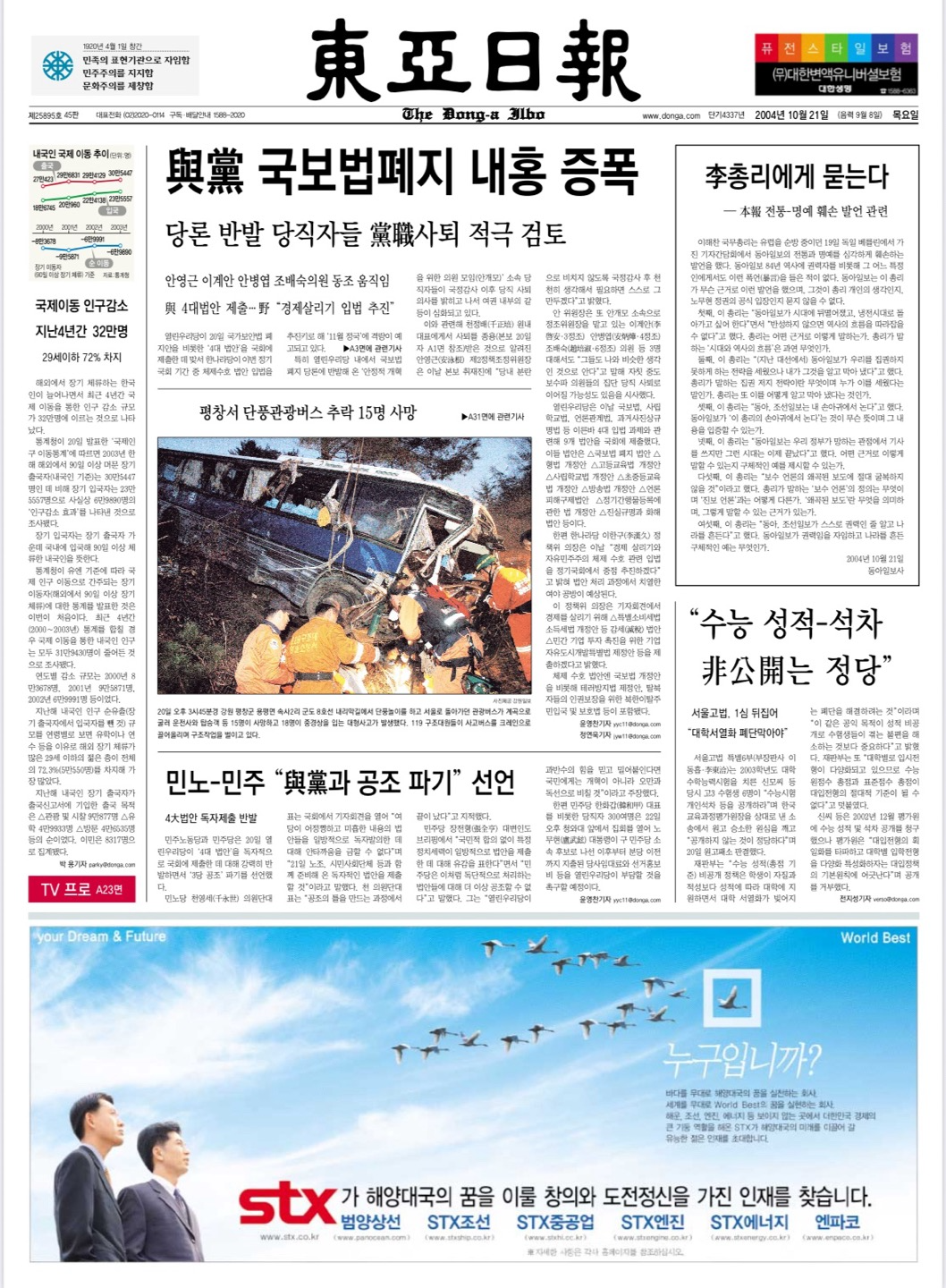 동아일보 2004년 10월 21일자 1면. 오른쪽 상단에 이해찬 당시 국무총리의 해명을 요구하는 공개질의서가 실렸다.