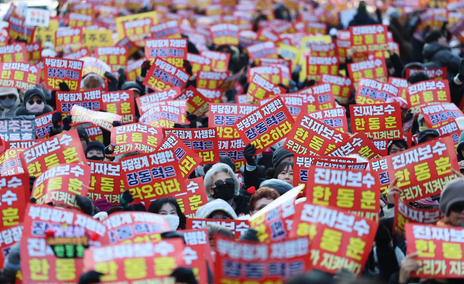 국민의힘에서 제명된 한동훈 전 대표 지지자들이 31일 오후 서울 여의도공원 앞에서 열린 당 지도부 규탄 집회에서 ‘부당징계 규탄’ 구호를 외치고 있다. 2026.1.31/뉴스1