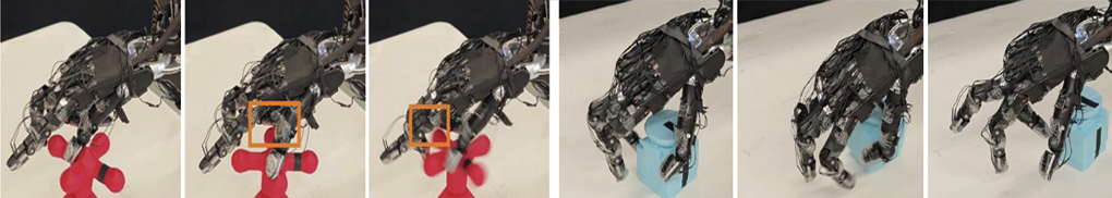 연구팀이 시뮬레이션한 동작을 실제 실험에서 구현하고 있다. 로봇 손이 수도꼭지를 여는 모습(왼쪽)과 탁자 위에서 물체를 옮기는 모습. 사이언스로보틱스 제공