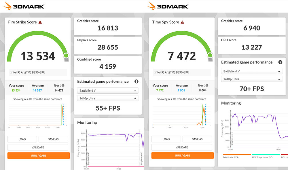 인텔 코어 울트라 X9 388H의 파이어 스트라이크 결과(좌)와 타임스파이 결과(우) / 출처=IT동아