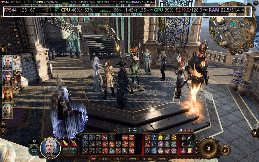 발더스 게이트 3는 FHD 울트라 옵션에서 45프레임 정도를 발휘했다 / 출처=IT동아