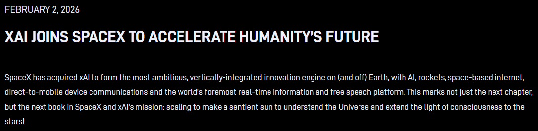 2일(현지시간) 스페이스X 홈페이지에 게재된 일론 머스크 명의의 성명. 스페이스X는 이 성명을 통해 xAI를 인수하고 ‘우주 AI 데이터센터’ 구축에 나선다고 밝혔다.