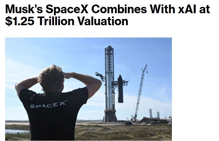 2일(현지시각) 브룸버그통신은 스페이스X의 xAI 인수 소식을 전하며 두 회사 기업가치가 결합에 따라 1조2500억 달러(약 1810조 원)로 평가받고 있다고 전했다. 블룸버그통신 캡처
