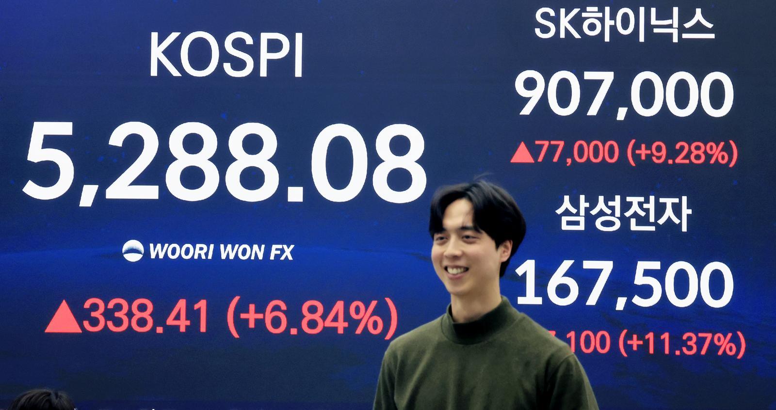 3일 서울 중구 우리은행 본점 딜링룸 전광판에 종가가 표시되고 있다. 이날 코스피는 전 거래일 대비 338.41p(6.84%) 상승한 5288.08에 SK하이닉스는 77,000원(9.28%) 상승한 907,000원에 삼성전자는 17,100원(11.37%) 상승한 167,500원에 마감했다. 2026.2.3/뉴스1