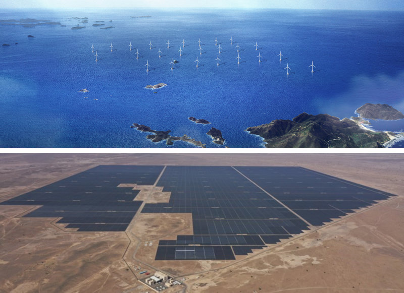 전남 신안우이 해상풍력발전단지 가상 조감도(위쪽 사진)와 오만 이브리3 태양광발전 가상 조감도. 한국중부발전 제공