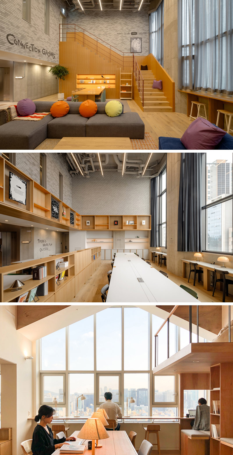 가족이면서 각자 1인용 가구를 쓰거나, 독립된 금융 생활을 하는 ‘1.5가구’ 트렌드가 확산되고 있다. 개인의 독립된 삶은 영위하면서도 필요할 때는 타인과 함께 문제를 해결하려는 삶의 방식이다. SK디앤디의 코리빙하우스 ‘에피소드 신촌 캠퍼스’(위쪽 첫번째, 가운데 사진)와 홈즈컴퍼니의 공유주거공간 ‘홈즈스튜디오 선정릉역’의 공용 서재(세번째 사진). 각 사 제공