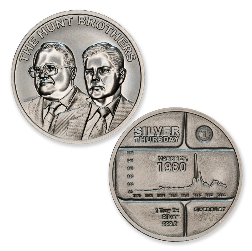 헌트 형제 중 넬슨 벙커 헌트(왼쪽)과 윌리엄 허버트 헌트(오른쪽)의 얼굴을 새겨 만든 주화의 모습. 이들은 1980년 은 시장을 초토화시킨 ‘실버 목요일’의 주역이다. 코인숍 홈페이지