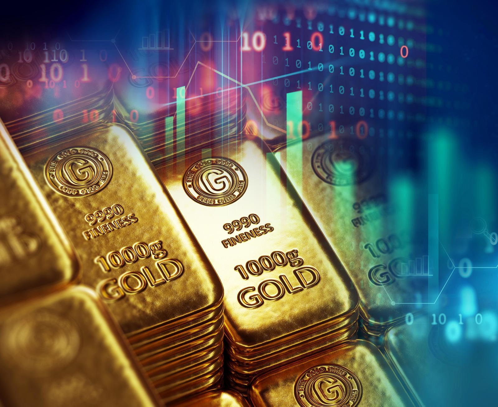 금괴 위로 디지털 그래프와 데이터 이미지가 겹쳐진 합성 일러스트. 글로벌 금 시장의 가격 변동성과 ETF 자금 흐름을 상징적으로 표현하고 있다. 게티이미지뱅크