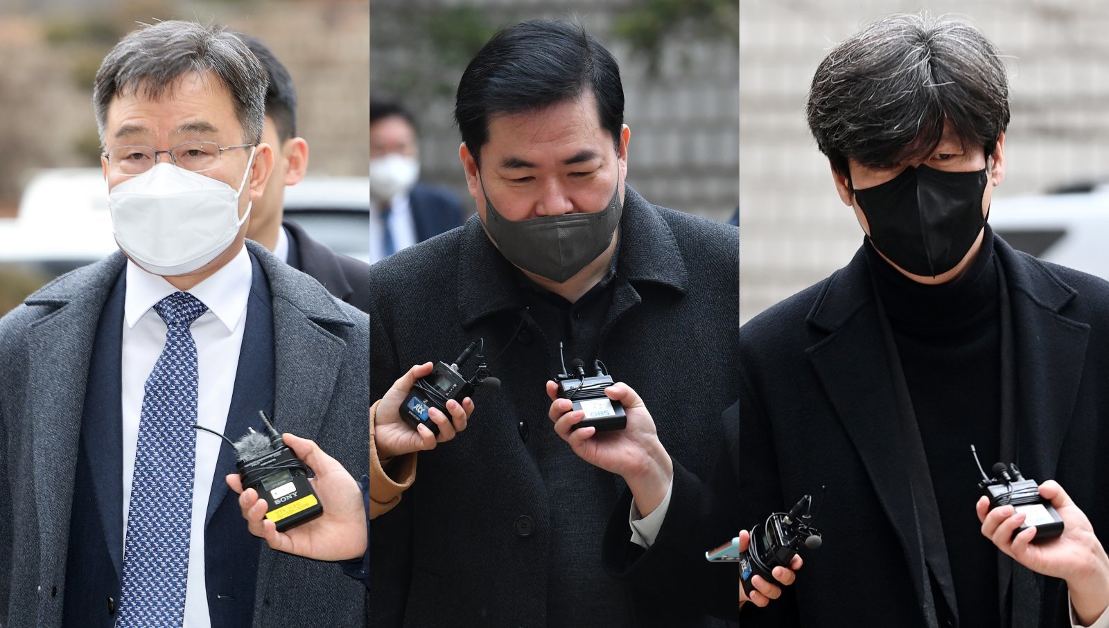 화천대유자산관리 대주주 김만배 씨(왼쪽부터), 유동규 전 성남도시개발공사 본부장, 남욱 변호사가 10일 오전 서초구 서울중앙지방법원에서 열린 대장동 개발 사업 로비·특혜 의혹 관련 공판에 출석하고 있다. (공동취재) 2023.2.10/뉴스1