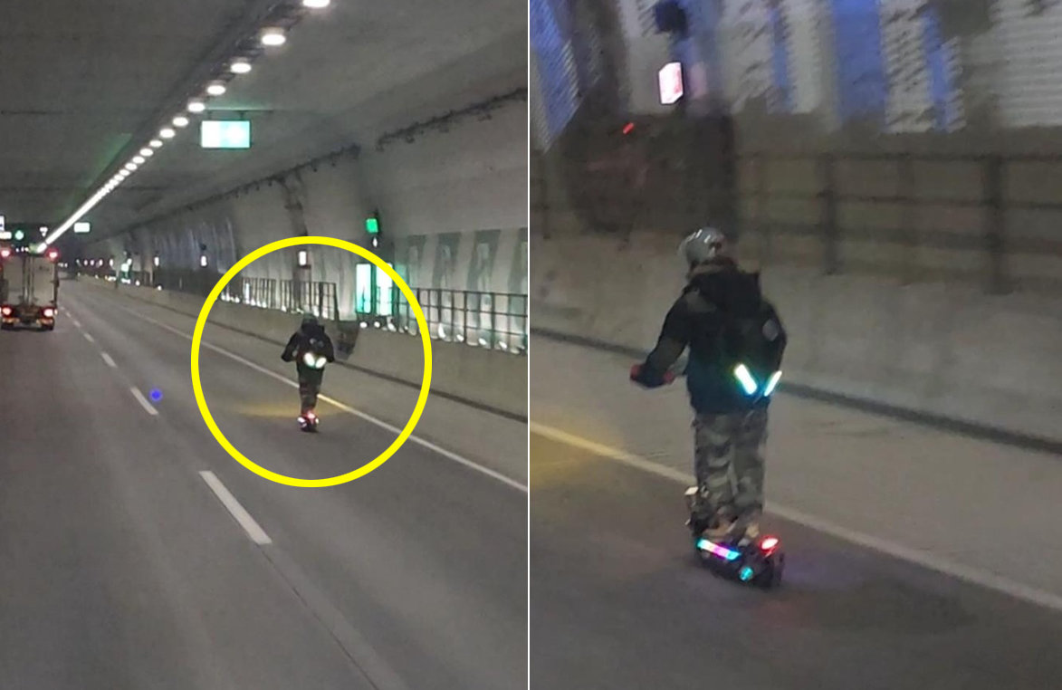 동탄터널에서 전동 킥보드로 주행하는 운전자. 온라인 커뮤니티 보배드림 캡처