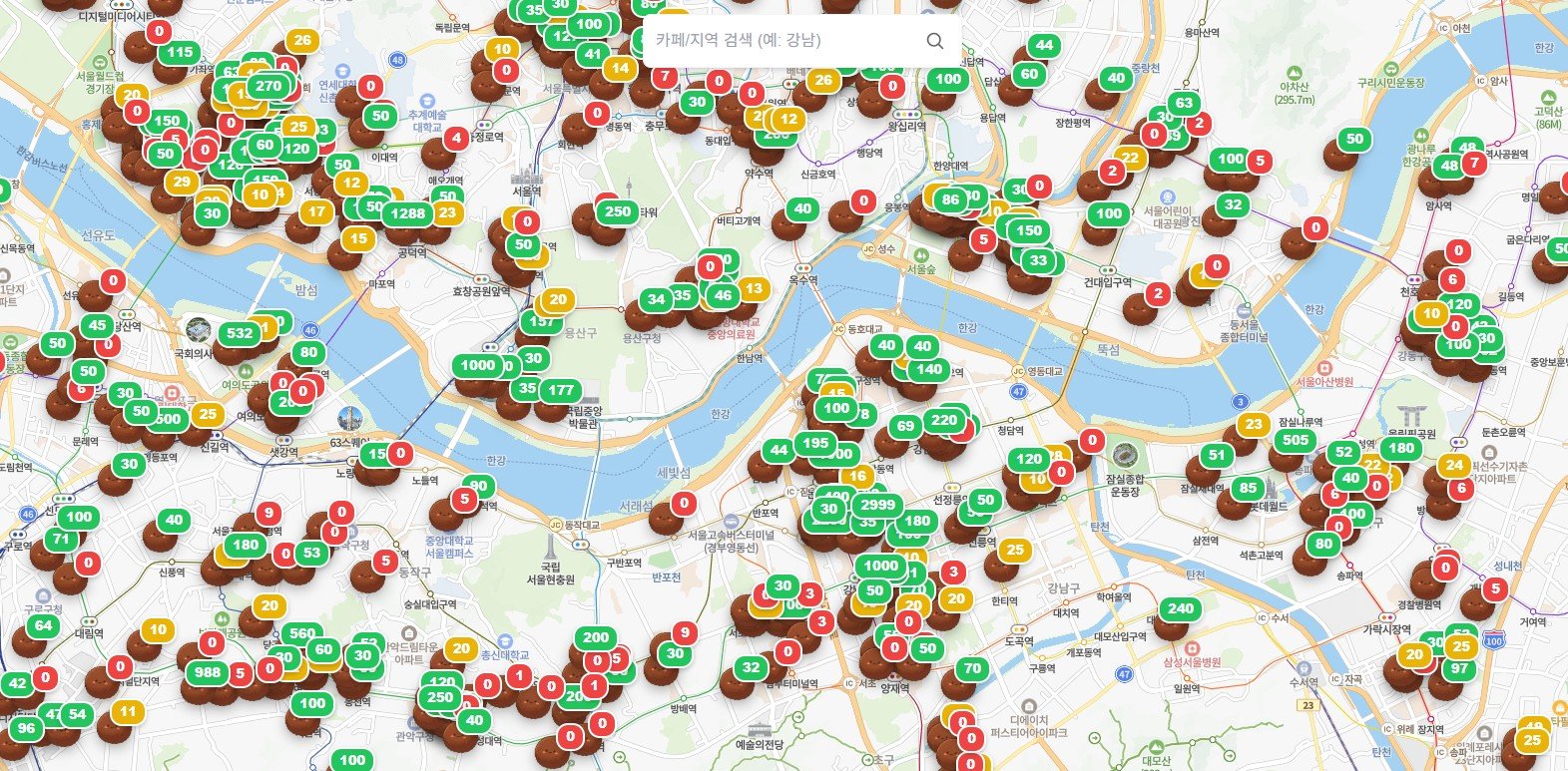 두바이 쫀득쿠키 재고 현황을 표시한 지도 화면. 여러 지역에서 재고가 남아 있는 모습이 확인된다. 두쫀쿠맵 사이트 캡처
