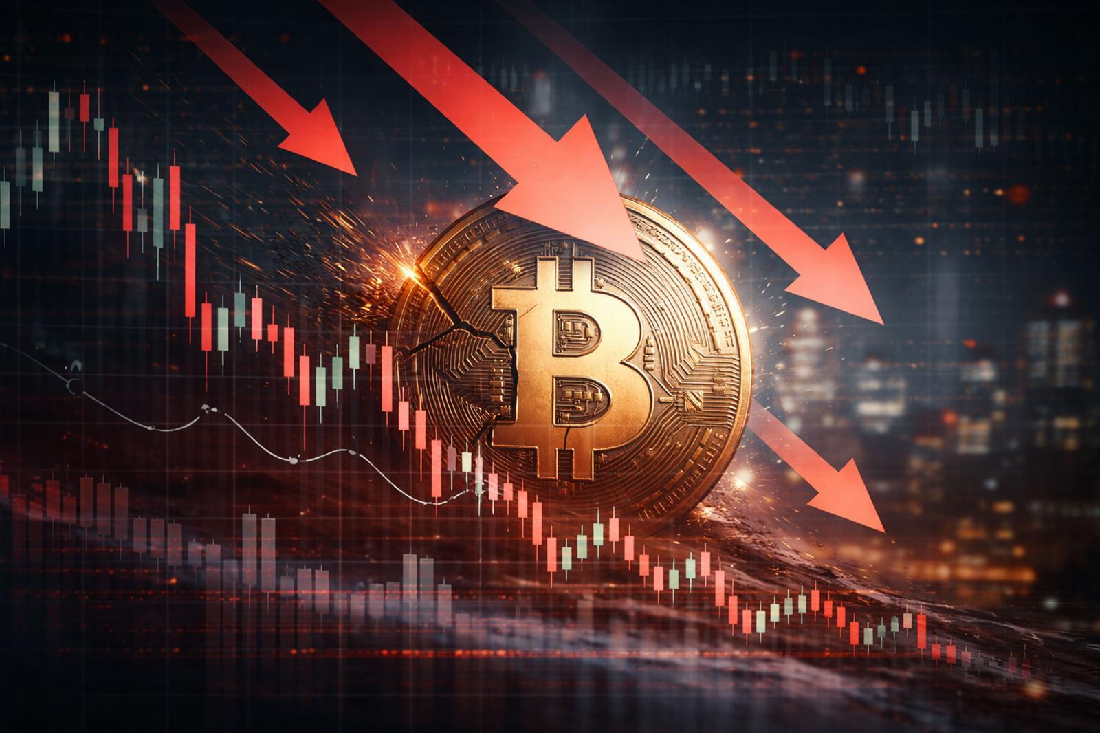급락세를 보인 비트코인 가격 흐름을 형상화한 그래픽 이미지. 가격 하락을 나타내는 화살표와 비트코인 심볼이 함께 표현돼 최근 암호화폐 시장의 변동성 확대를 상징적으로 보여준다. 챗GPT 생성 이미지