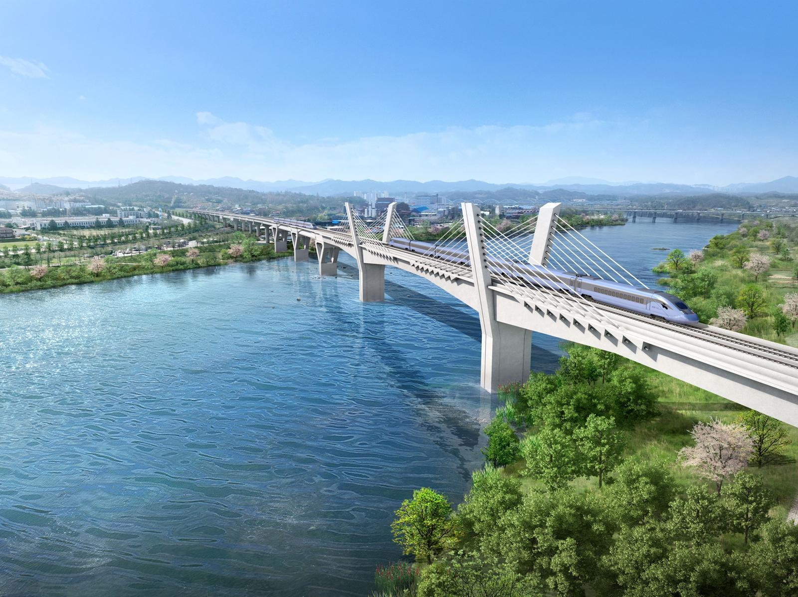 HJ중공업이 지난해 6월 수주한 충북선 고속화 제3공구 노반 건설공사 교량구간 조감도. HJ중공업